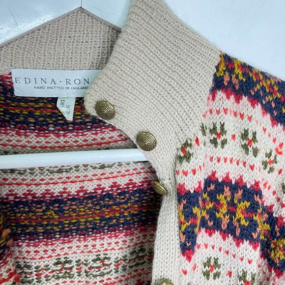 Edina Ronay England Tan, Red, Blue Fair Isle Hand Knit Wool Cardigan Sweater - Picture 4 of 10